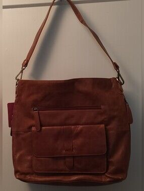Large, Tote Size, Women's Cognac Leather Shoulder Bag with Front Pockets